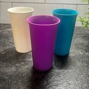Vintage Tupperware Set of Three Colorful Plastic Cups 10.5 Oz each.